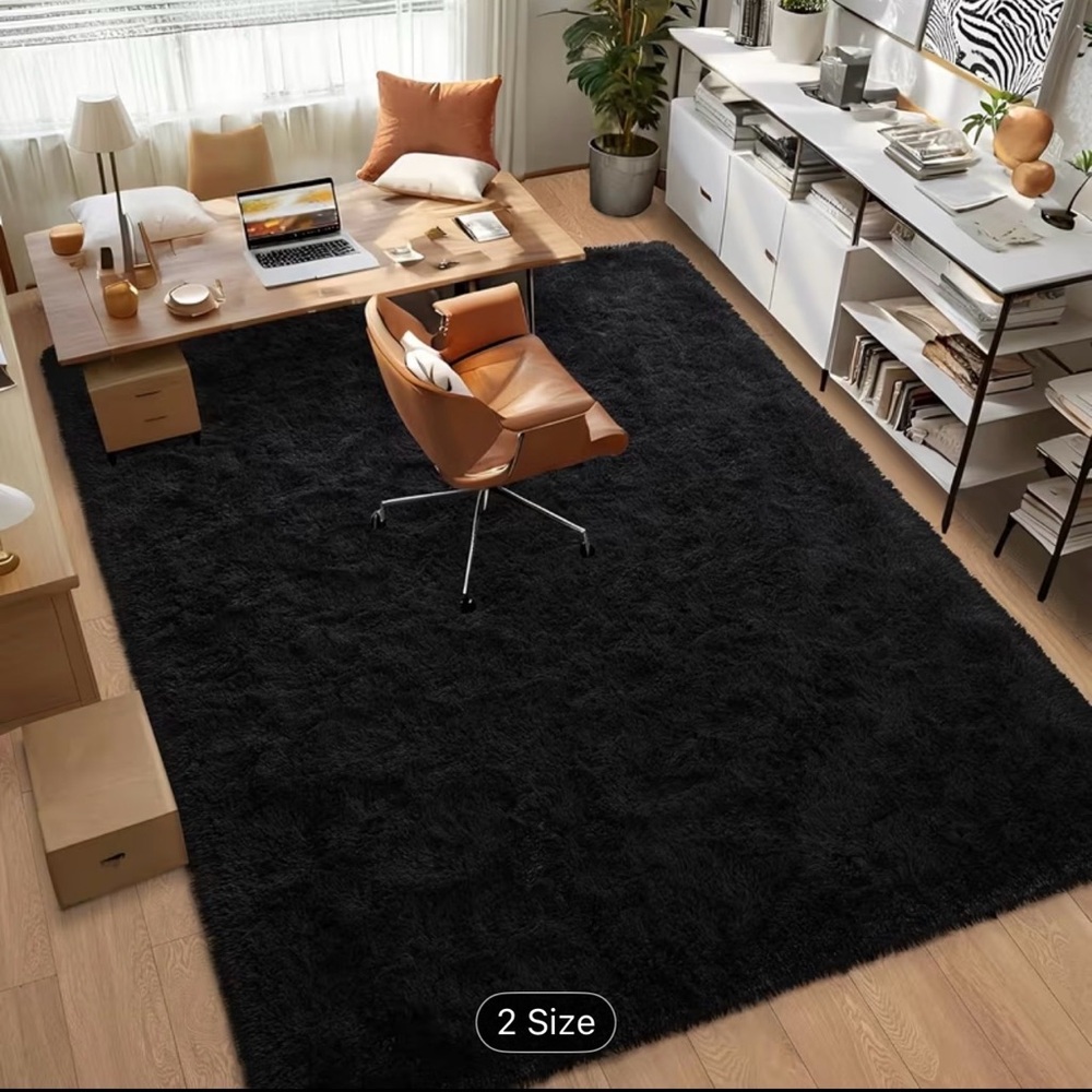 Plush Black Shag Area Rug - Soft High-Pile Floor Carpet
